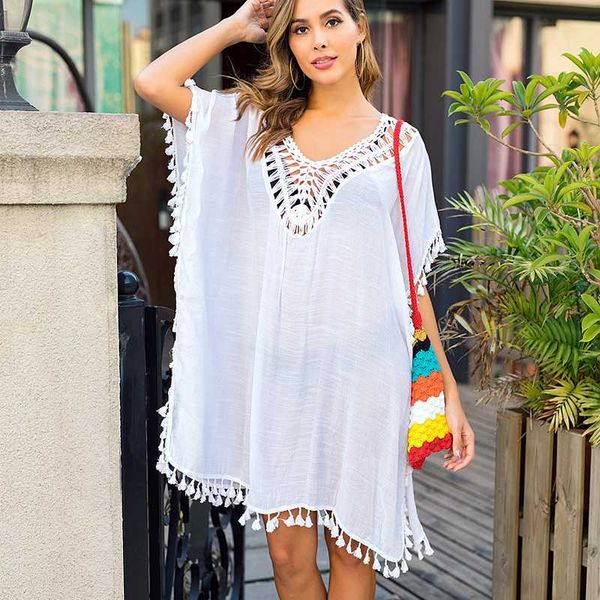 

summer tassel bikini cover ups women solid swimwear cover-up beachwear dress white hollow backless bathing suit cover-ups