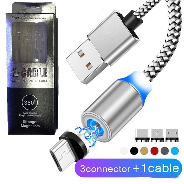 

3 in 1 magnetic uction charger cable nylon tronger metal magnet cord 1m 3ft led android micro u b type c cable for am ung note 10