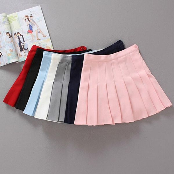 

корейский стиль высокая талия плиссированные юбки женщин свободного покроя сплошной пляж юбка женская трапеция тонкий короткие fit мини-юбки, Black