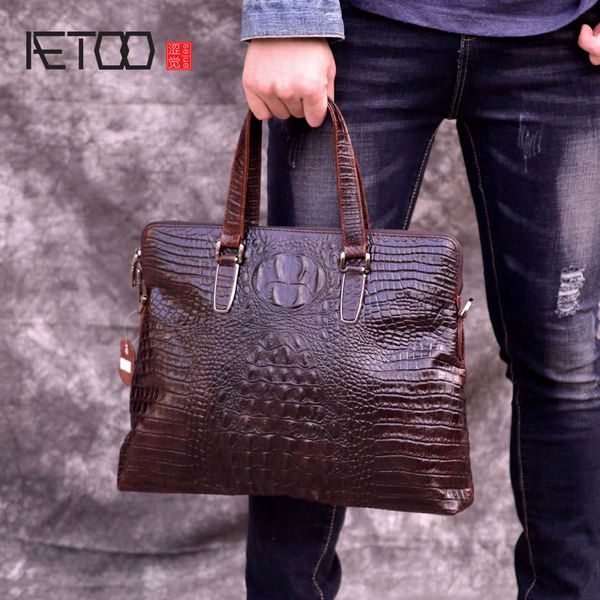 

aetoo crocodile pattern briefcase leather men's business bag oil skin computer bag europe and america handbag leather man