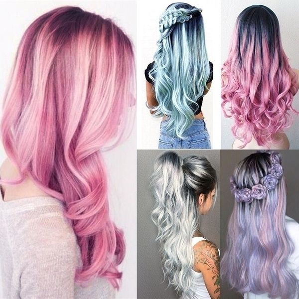 

fashion 5 style black ombre long wave wigs centre parting pink loose curly wig full wig cosplay halloween costume