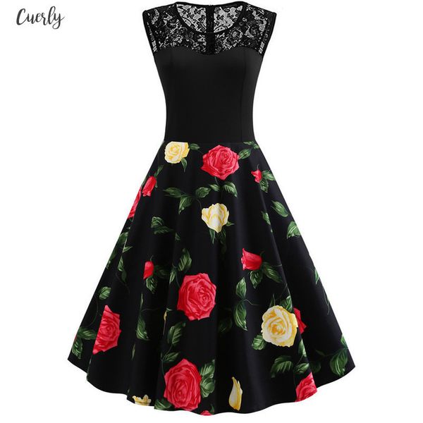 

vintage flower flora printed dresses print mini dress for women o neck lace patchwork long dresses swing draped vestidos plus, Black;gray