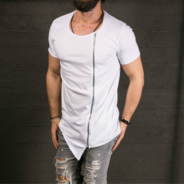 

new men's fashion show stylish long t shirt asymmetrical side zipper big neck short sleeve t-shirt male hip hop tee, White;black