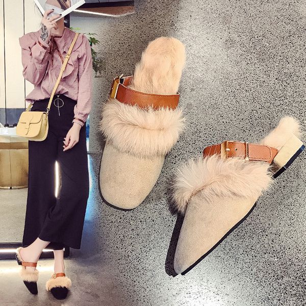 

мокасины мулы для женщин 2019 flock женщина зимы трусы тапочки повседневная обувь меховые pantofle крышки пальца ноги слайды тонкие каблуки, Black