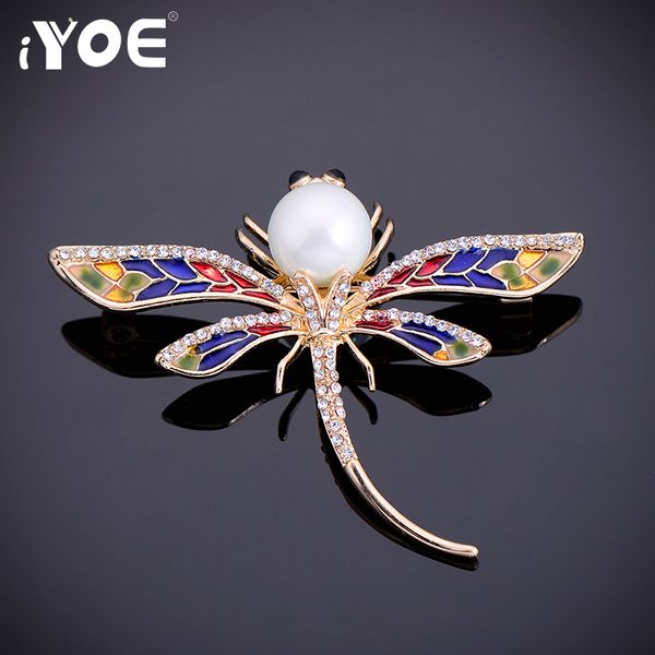 

iyoe crystal dragonfly brooches for women simulated pearl enamel scarf lapel pins insect brooch gold color vintage jewelry, Gray