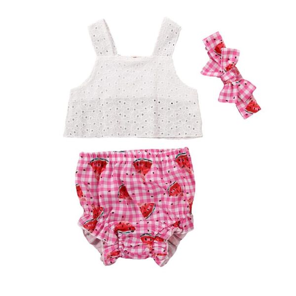 

baby summer clothing 3pcs newborn baby girl outfits sleeveless vest + watermelon tutu shorts pants + headband, White