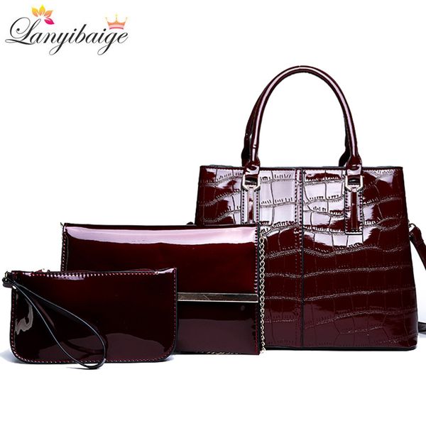 

fashion 3 sets women handbags 2020 patent leather women luxury brands tote+ladies shoulder messenger bag+clutch s