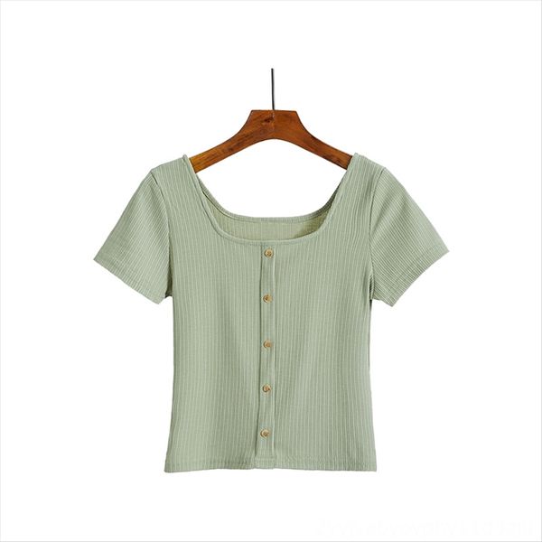 

short t-shirt women's short sleeve slim 2020 navel avocado green high waist tight square collar ins, White