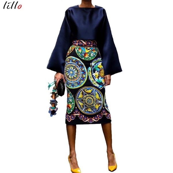 

урожай печататься средней длиной с длинным рукавом юбки костюм 2019 летом и осенью новой моды темперамента шелковых тканей комфортно вспышка, Black;gray