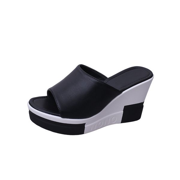 

female high heeled slippers wedge flip flop woman branded thick sole slippers women 2019 designer shoes woman slippers summer sandals, Black