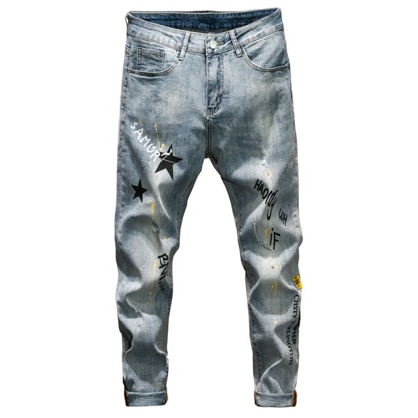 

men's jeans fashion printed cropped ankle-length sky blue summer pants a1307