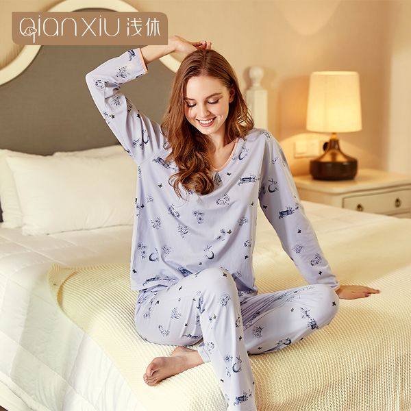 

2018 autumn print home pijamas women casual pajama sets female o-neck collar loosen t shirt + pants ladies cotton sleepwear suit, Blue;gray
