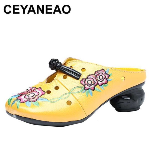 

ceyaneao special offer woman genuine leather shoes for women slippers without lace outdoor slippers women shoes floral sandals, Black