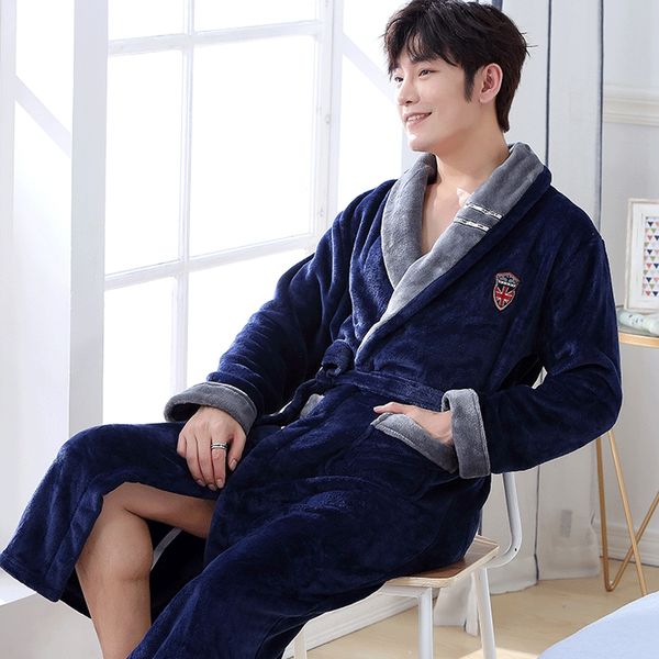 

men casual kimono bathrobe autumn winter flannel long robe thick warm sleepwear full sleeve nightgown male casual home wear, Black;brown