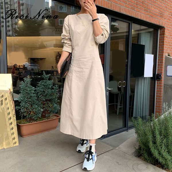 

ricinina solid maxi dress women's o-neck long sleeve slim a-line long dress elegant spring casual summer with sleeve, Black;gray