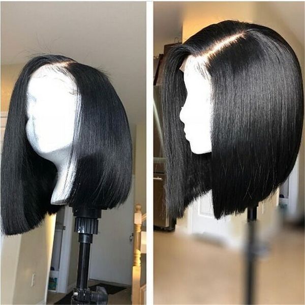 

натуральный шелк straight боб парик 13x6 фронта шнурка отбеленные узлы короткое каре полный шнурок фронтальная парики человеческих волос для, Black;brown