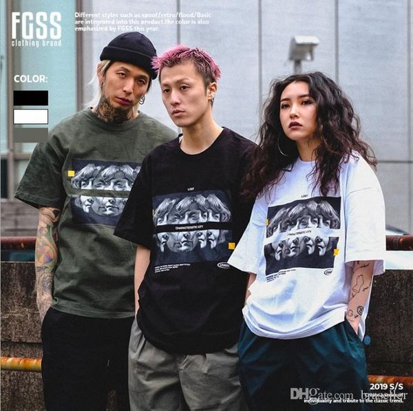 

2019 brand new street style t shirt mens loose head portrait printing couple casual cotton womens half sleeve cultural t-shirt, White;black
