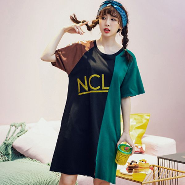 

fashion student style japanese pure cotton nightdress women's splicing lovely thin summer korean fresh short sleeve nightdress, Black;red