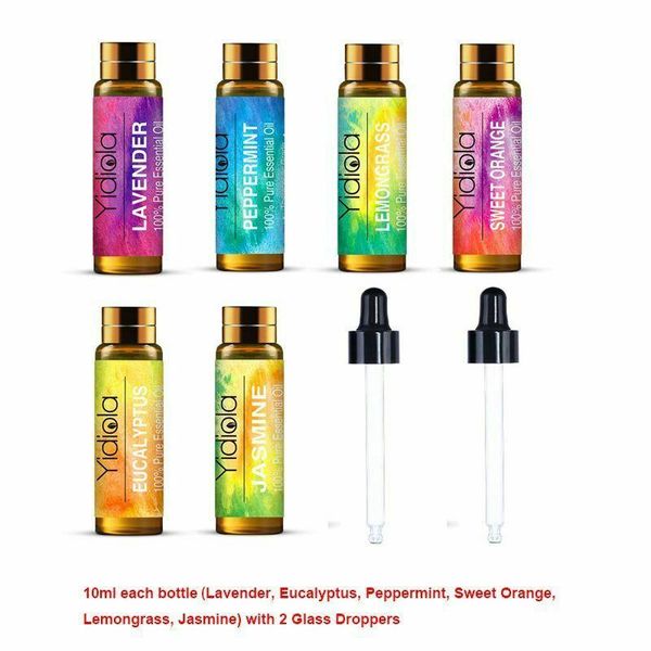 

6pcs yidiola 10ml pure essential oil gift set lavender peppermint eucalyptus lemongrass jasmine aromatherapy massage aroma oils