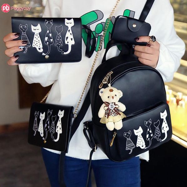 

4pcs/set small backpacks female school bags for teenage girls cat print pu leather women backpack shoulder purse bag mochila