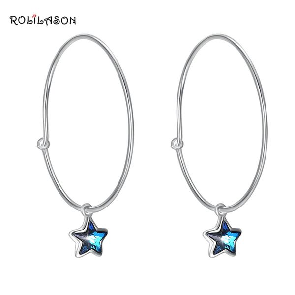 

rolilason anniversary hoop earring 925 sterling silver blue zircon for women silver fashion jewelry se25, Golden;silver