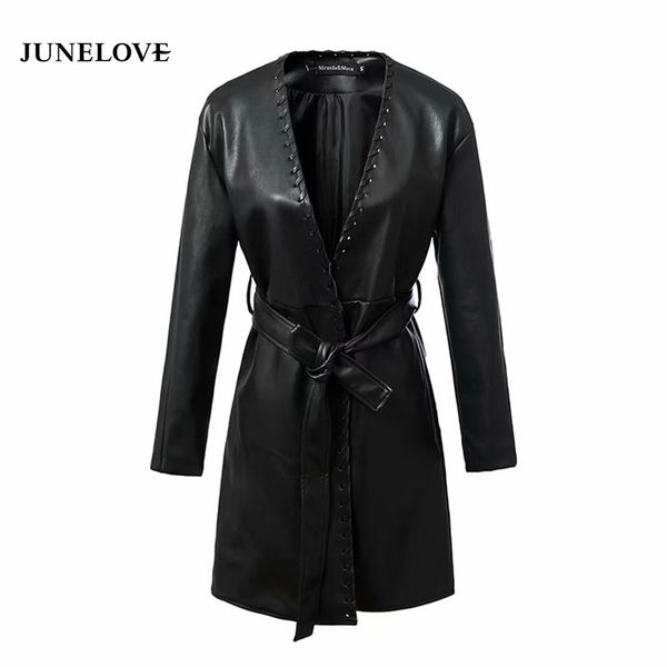 

junelove women winter faux leather pu jackets vintage street female black belt long jackets casual lady sashes v-neck outwears