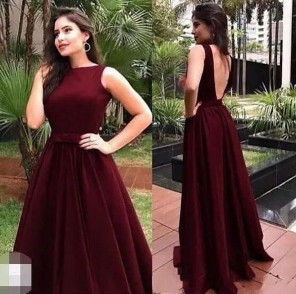 

2019 burgundy satin crew neck a line long prom dresses backless floor length formal evening dresses women formal party gowns, Black