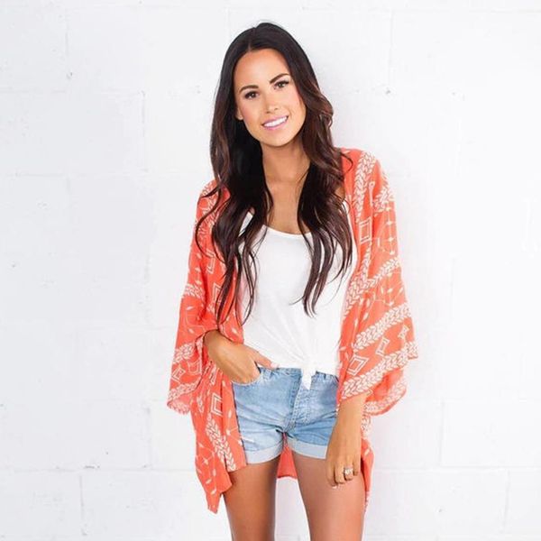 

women chiffon floral printed sun protection swimsuit spring, summer cover casual, beach up  kimono cardigan, Blue;gray