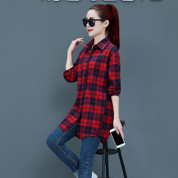 

spring and autumn red and blue plaid shirt female long sleeve coat korean-style loose-fit students black white mid-length la