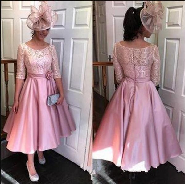 

a-line mother of the bride dresses with half sleeves lace tea length short evening gowns formal fashion wedding guest dress, Black;red