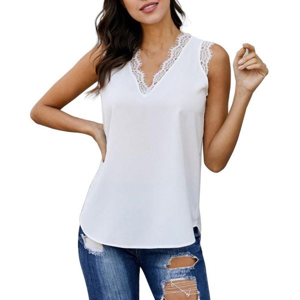 

новый плюс размер женщины стильный сплошной цвет рукавов кружева v шеи жилет свободные майка, White
