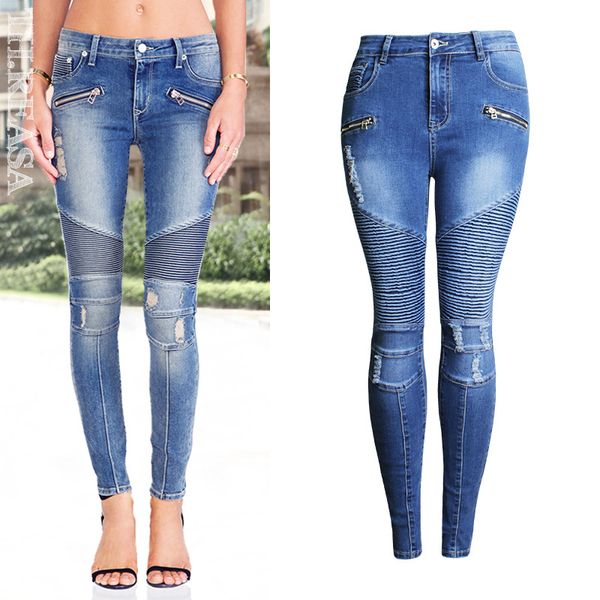 

fashion jeans women pencil pants high waist jeans slim elastic skinny pants trousers fit lady plus size, Blue