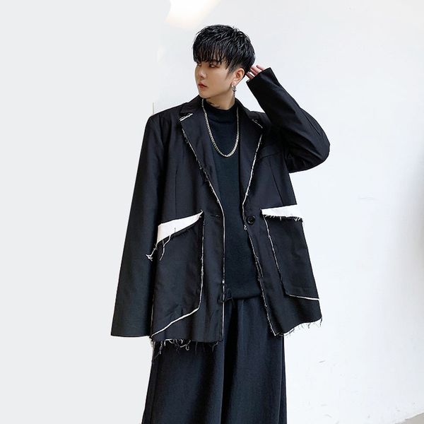 

men vintage japan streetwear punk gothic hip hop loose casual blazer jacket male slit splice suit coat outerwear, White;black
