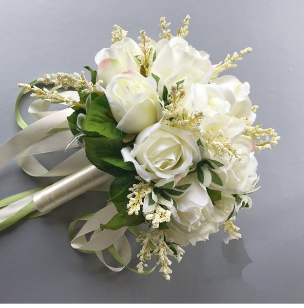 Country Style Wedding Bouquets Artificial Flowers 18 White Rose
