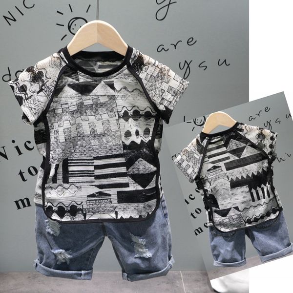 

2019 summer children kid's for 2-7 year boy casual hollow breathable t-shirt +casual hole denim shorts 2 pcs clothes set c2915, White