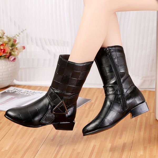 

2019 new black winter boots mid calf leather boots women female plus size zipper pointed toe square low heels shoes woman