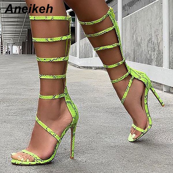 

aneikeh new 2019 rome pu women's boots serpentin summer knee-high boot round toe thin high heel shallow party hollow out green, Black