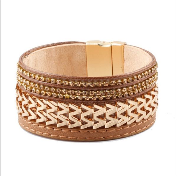 

горячие игристые полный горный хрусталь пряжка ремня широкие магнитные кожаные браслеты браслеты женщины мужчины пара браслеты, Black