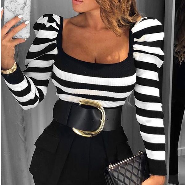 

black white striped long sleeve t shirt women square collar fitness party autumn 2020 fashion puff sleeve basic blusas