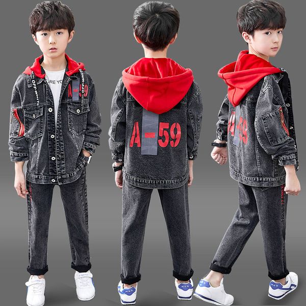 

2020 new middle and large children's spring and autumn models suit boy denim clothes children's clothing two-piece suit, White