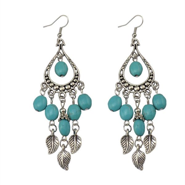 

mini leaf tassel water drop dangle hook turquoise earrings antique silver, Golden