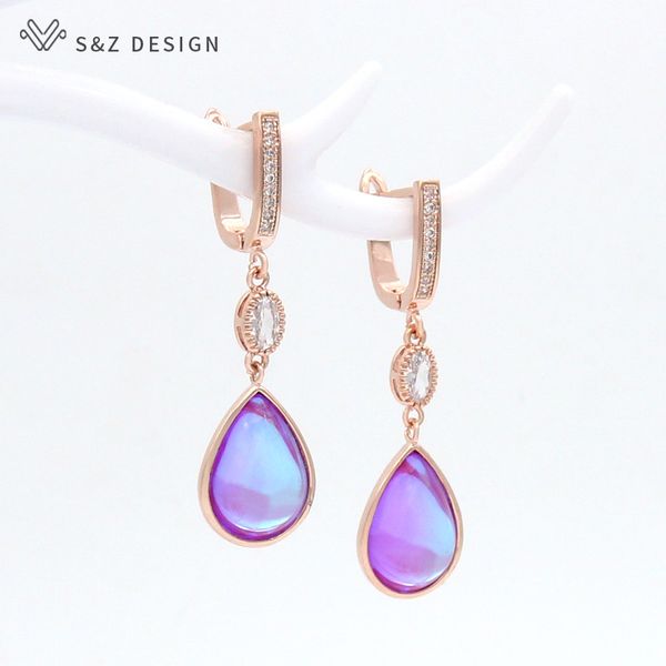 

s&z design trendy crystal water drop dangle earrings 585 rose gold zirconia long eardrop for women fine wedding jewelry, Silver