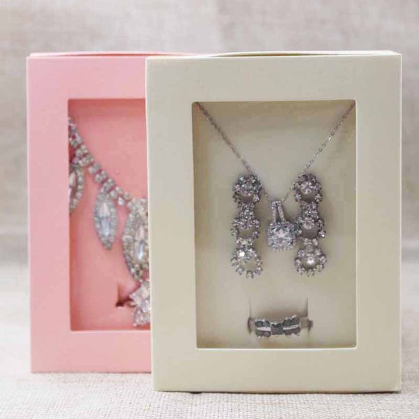 

deluxe necklace with earing and ring set pape package box.pvc window display box,wedding /candy display package window box 30pc