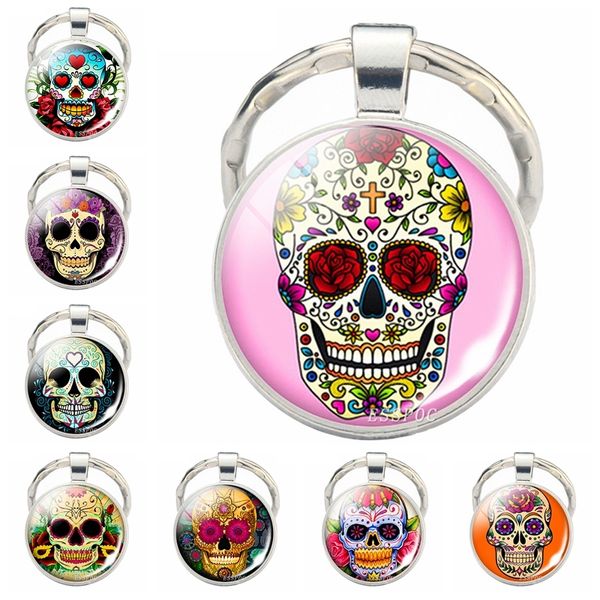 

sugar skull keychain mexico folk art sugar skull glass pendant metal keyring day of the dead jewelry gift halloween gift, Silver