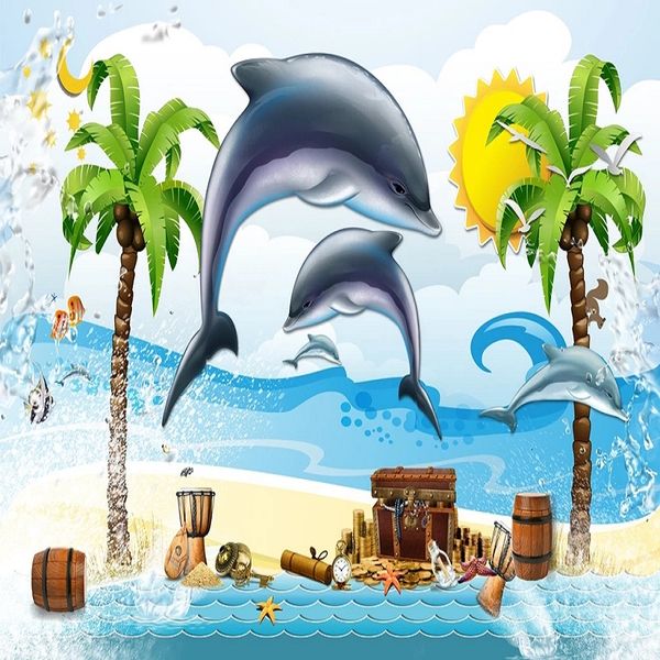

custom large mural 3d wallpaper nordic cartoon fashion creative dolphin coconut tree mural tv back wall decor deep 5d embossed