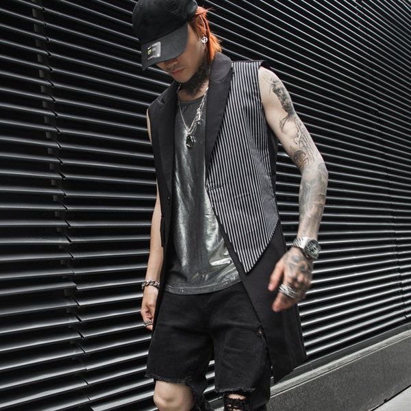 

nightclub dj singer punk rock hip hop striped long suit vest stage costume korean style sleeveless jacket men's slim fit gilet, Black;white