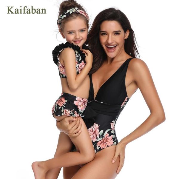 

2019 girl women kawaii retro print high waist flounces bikini swimsuit swimwear mother daughter ruffle maillot tankini bathsuit, White;black