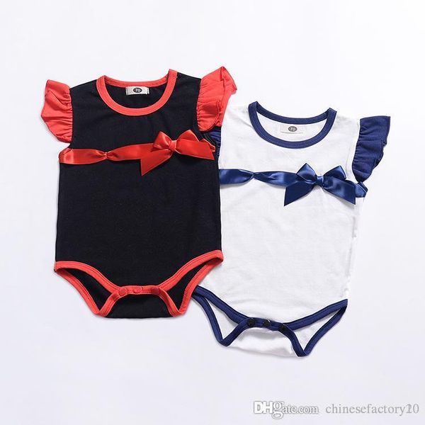 

baby girls romper with bow ins infant flying sleeve jumpsuits 2019 summer fashion boutique kids bowknot climbing clothes, Blue