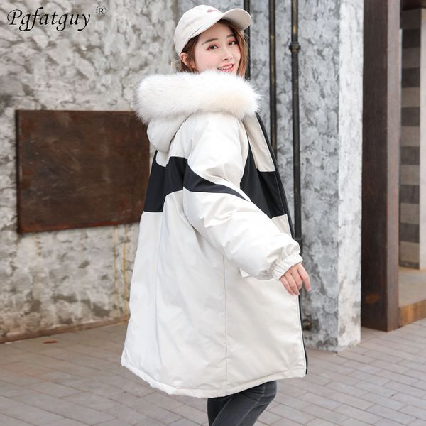 

big fur winter coats thickened warm parkas women hit color long coat white down cotton ladies down parkas jacket women 2018, Black