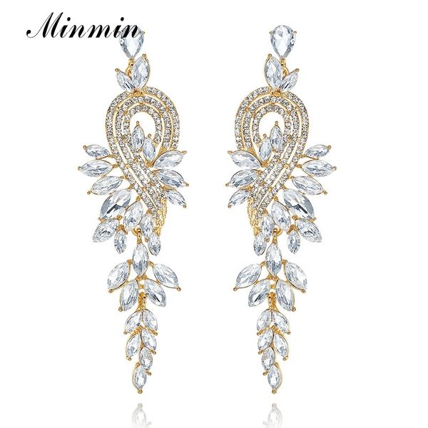 

minmin luxury long dangle earrings for women leaf shape gold-color crystal bridal wedding earrings jewelry for party gift meh946, Golden
